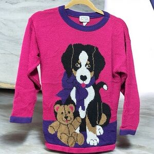 80s Vintage girls pink knit sweater with dog